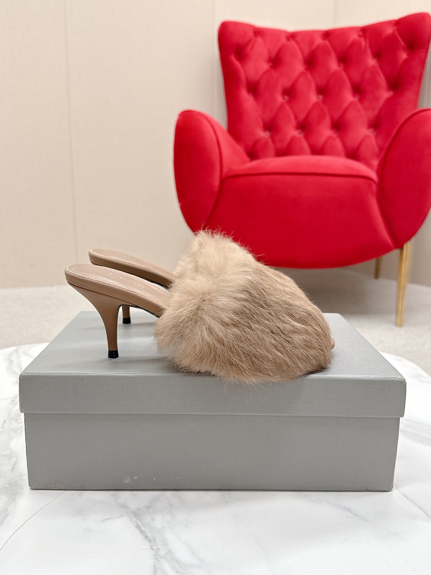 BALENCIAGA 25S HIGH HEEL SANDALS 65 MM IN LIGHT BROWN LAMBSKIN AND FUR - 35