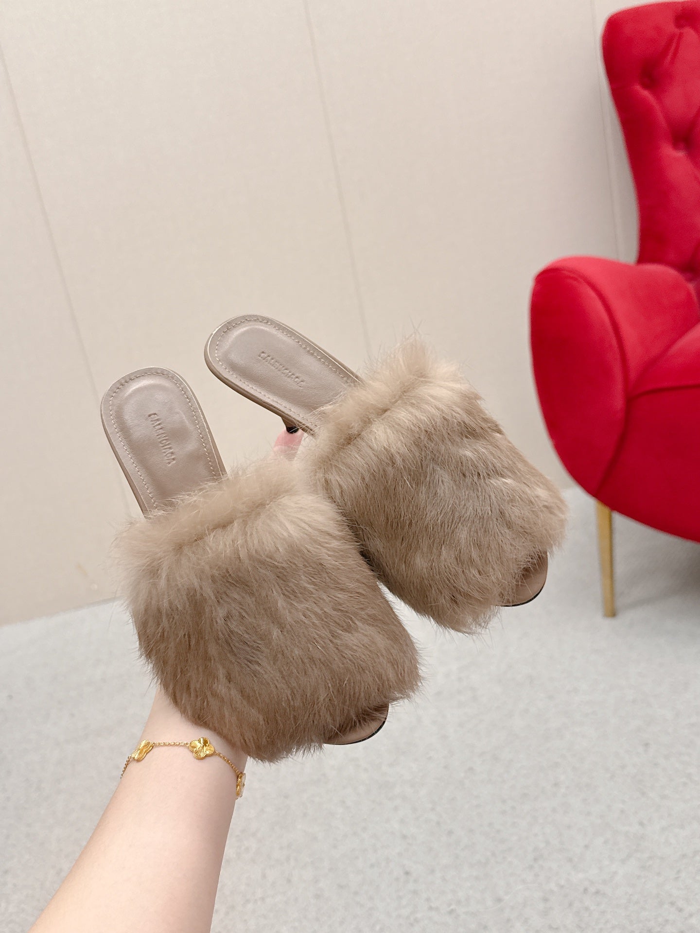 BALENCIAGA 25S HIGH HEEL SANDALS 65 MM IN LIGHT BROWN LAMBSKIN AND FUR - 35