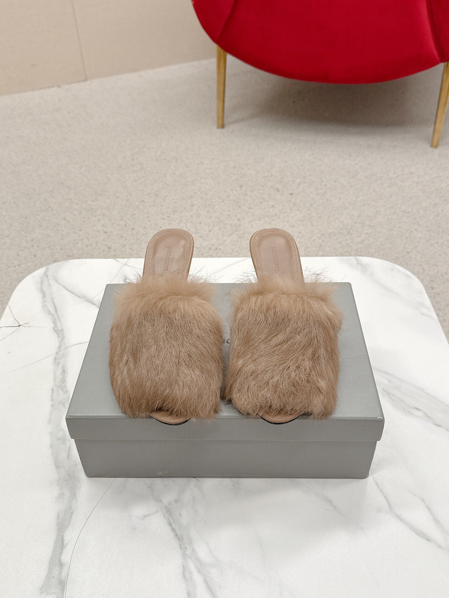 BALENCIAGA 25S HIGH HEEL SANDALS 65 MM IN LIGHT BROWN LAMBSKIN AND FUR - 35