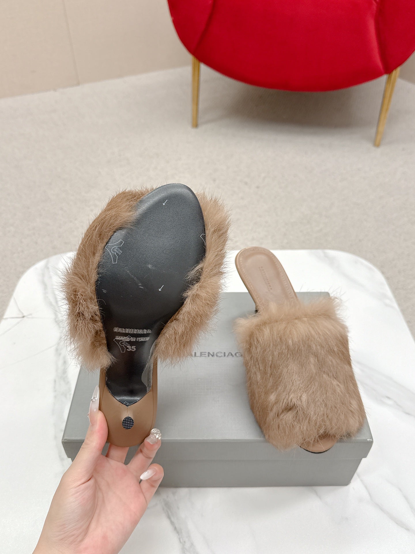 BALENCIAGA 25S HIGH HEEL SANDALS 65 MM IN LIGHT BROWN LAMBSKIN AND FUR - 35