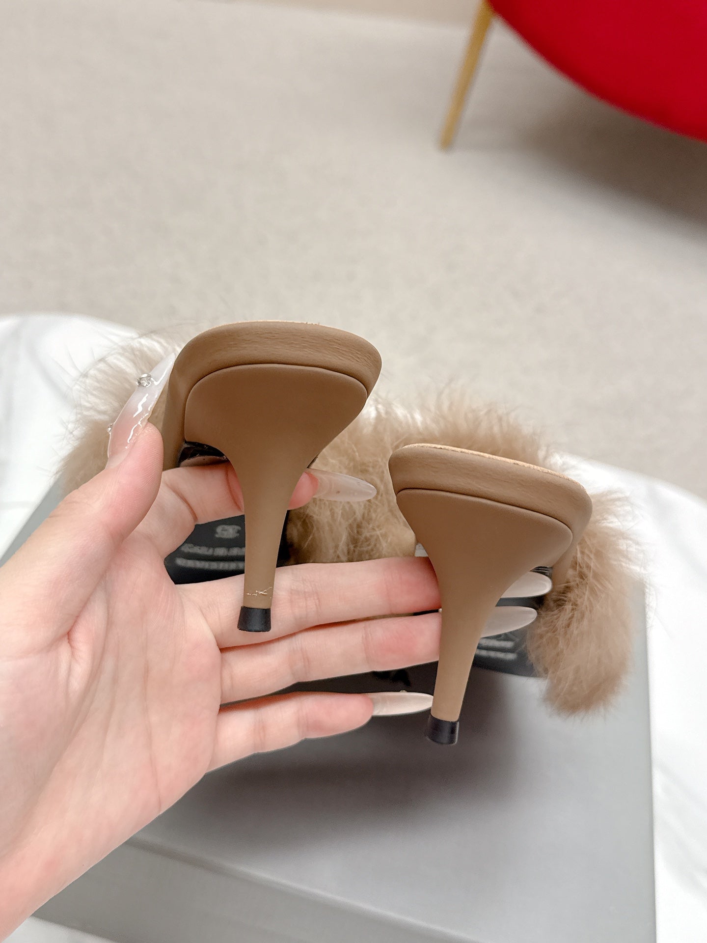 BALENCIAGA 25S HIGH HEEL SANDALS 65 MM IN LIGHT BROWN LAMBSKIN AND FUR - 35
