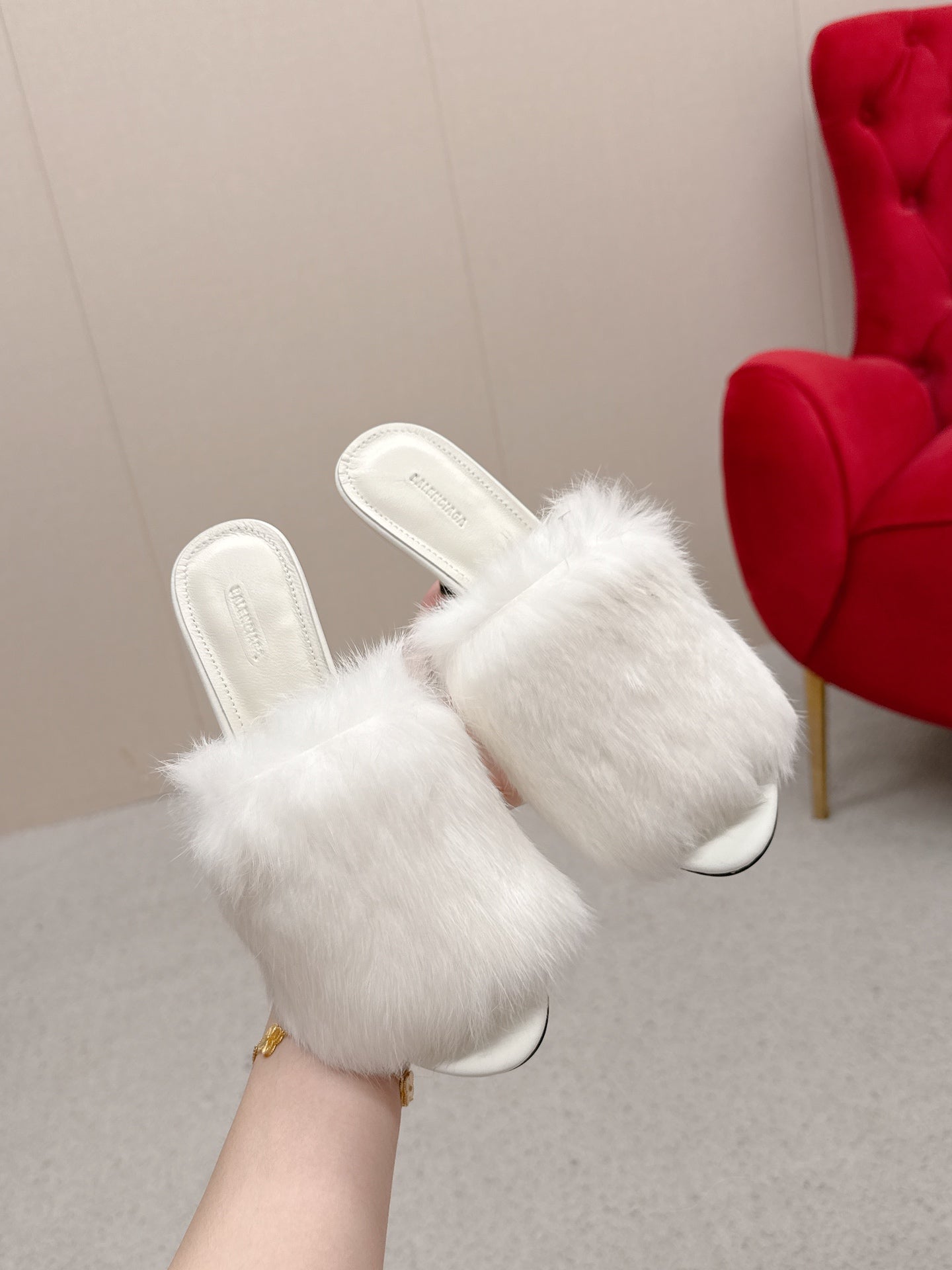BALENCIAGA 25S HIGH HEEL SANDALS 65 MM IN WHITE LAMBSKIN AND FUR - 35