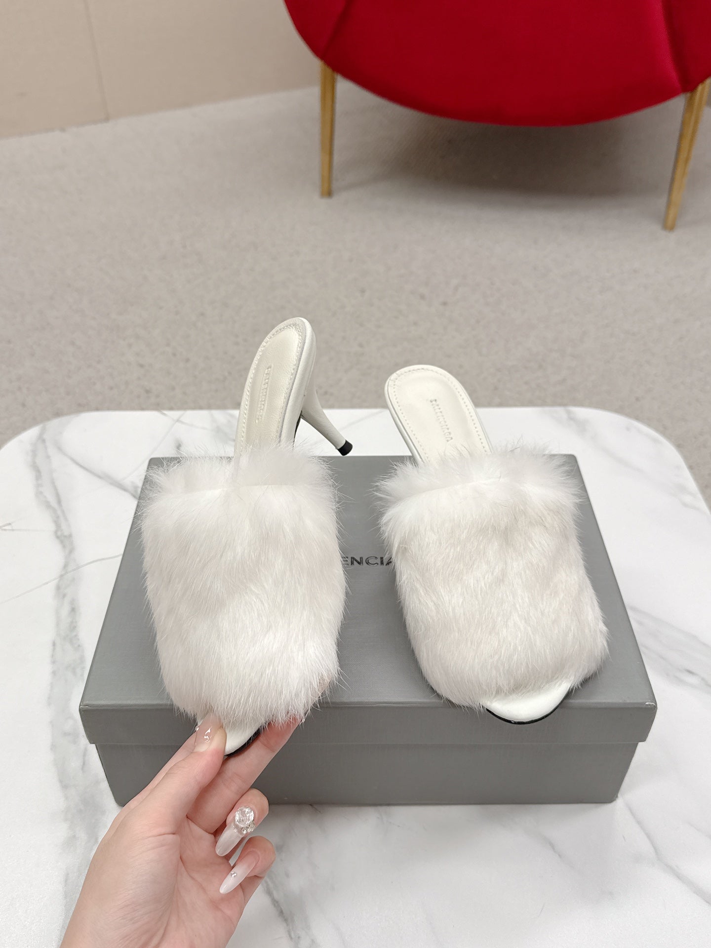 BALENCIAGA 25S HIGH HEEL SANDALS 65 MM IN WHITE LAMBSKIN AND FUR - 35