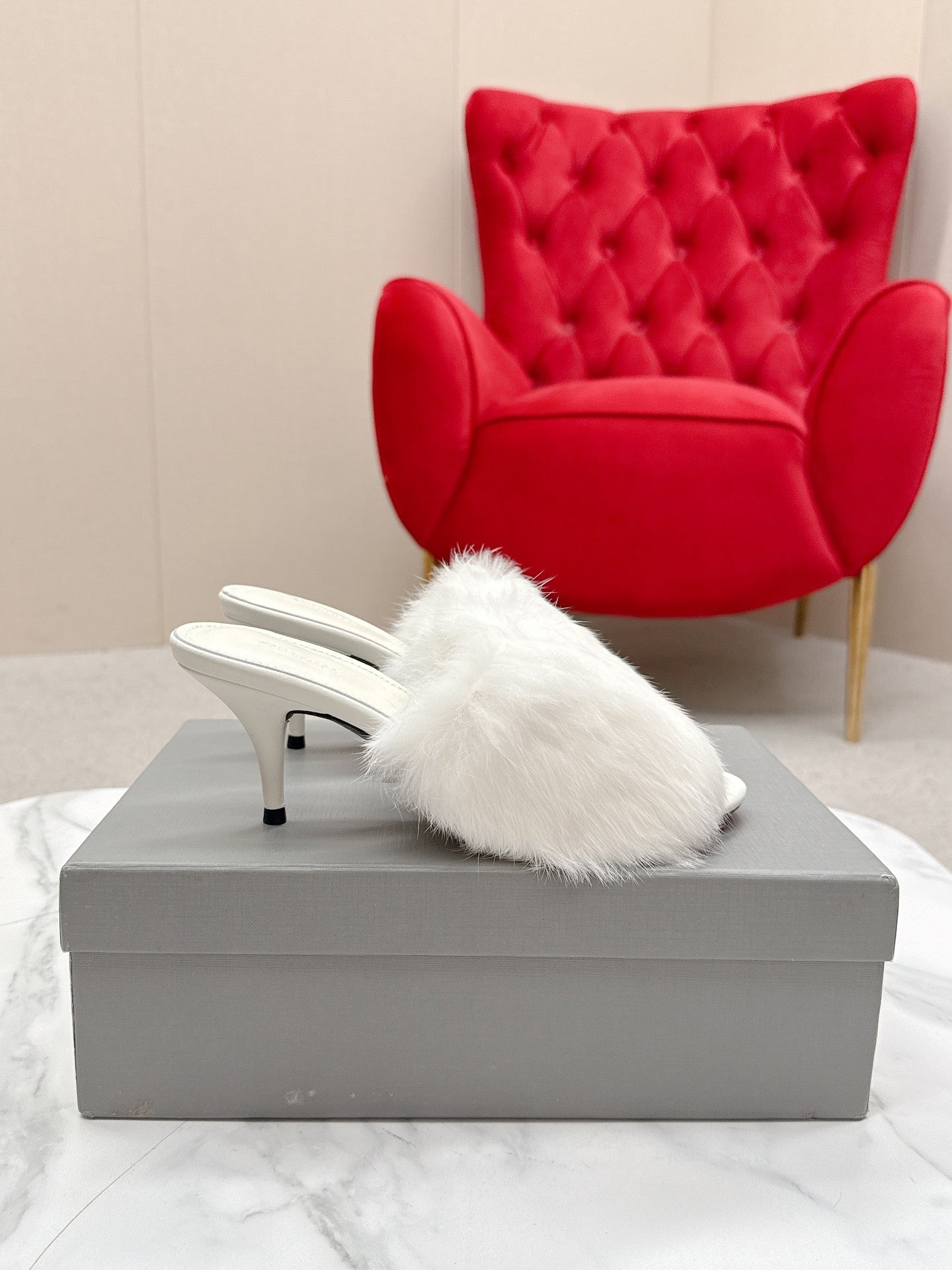BALENCIAGA 25S HIGH HEEL SANDALS 65 MM IN WHITE LAMBSKIN AND FUR - 35