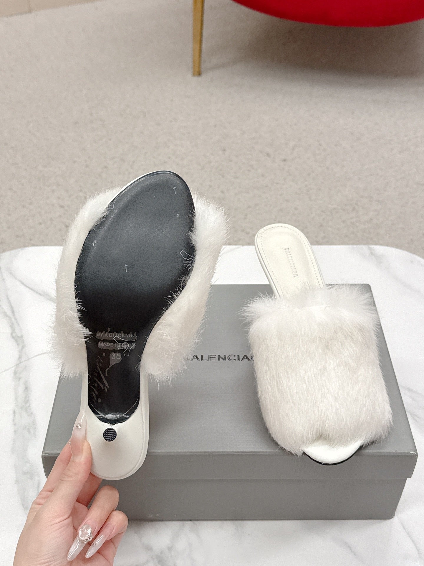 BALENCIAGA 25S HIGH HEEL SANDALS 65 MM IN WHITE LAMBSKIN AND FUR - 35