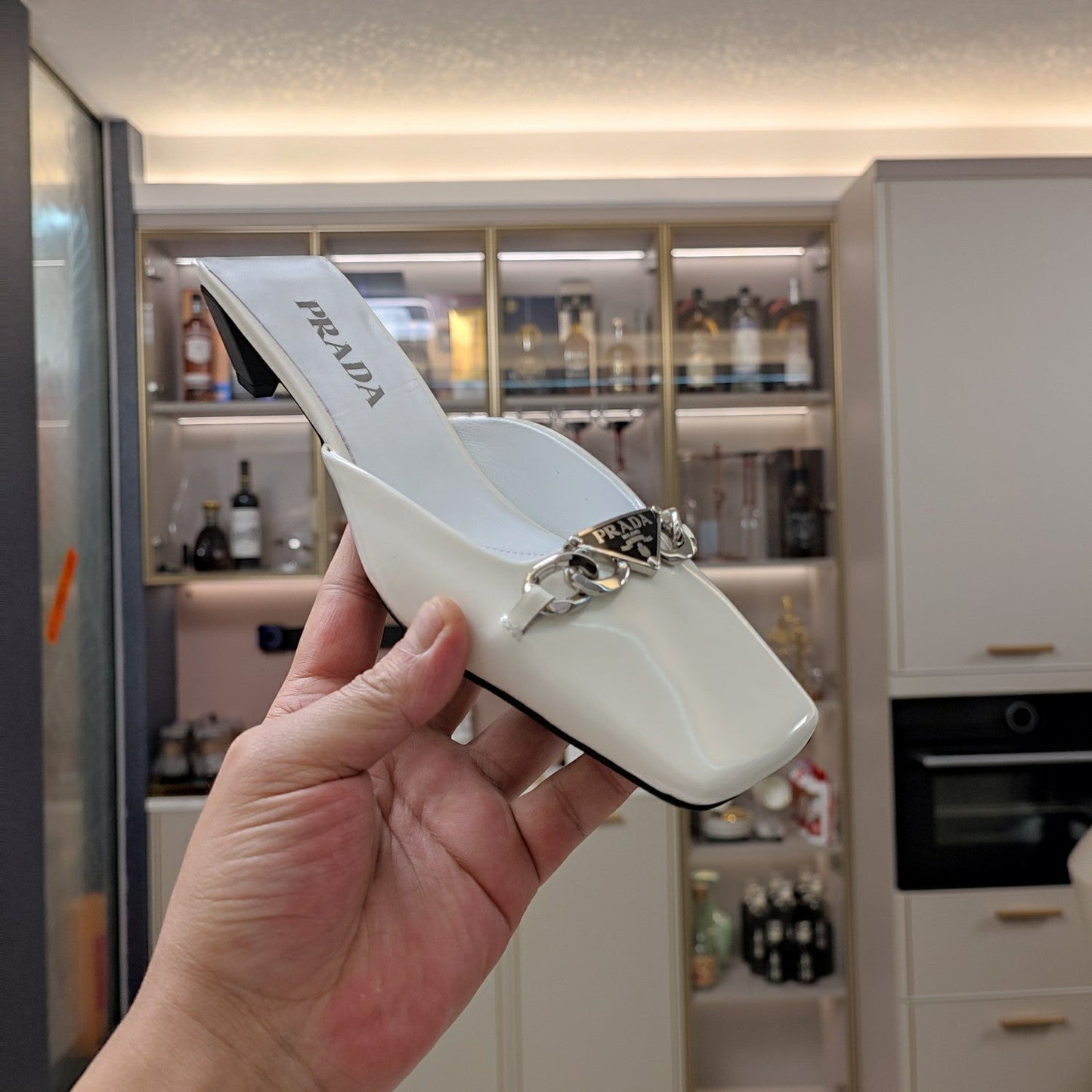 PRA SQUARE TOE MULES WHITE CALFSKIN WITH CHAIN - 34