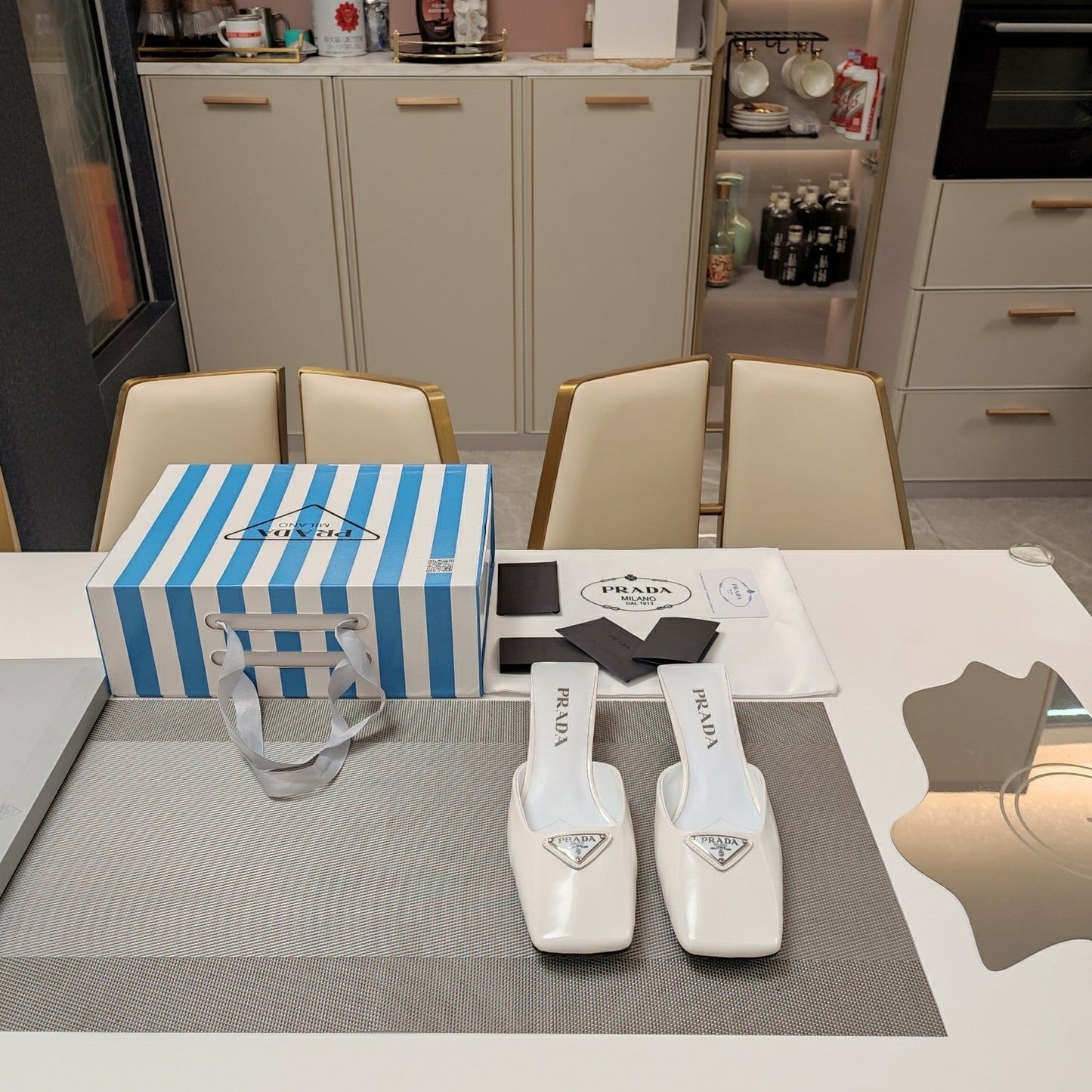 PRA SQUARE TOE MULES WHITE CALFSKIN WITH LOGO - 34