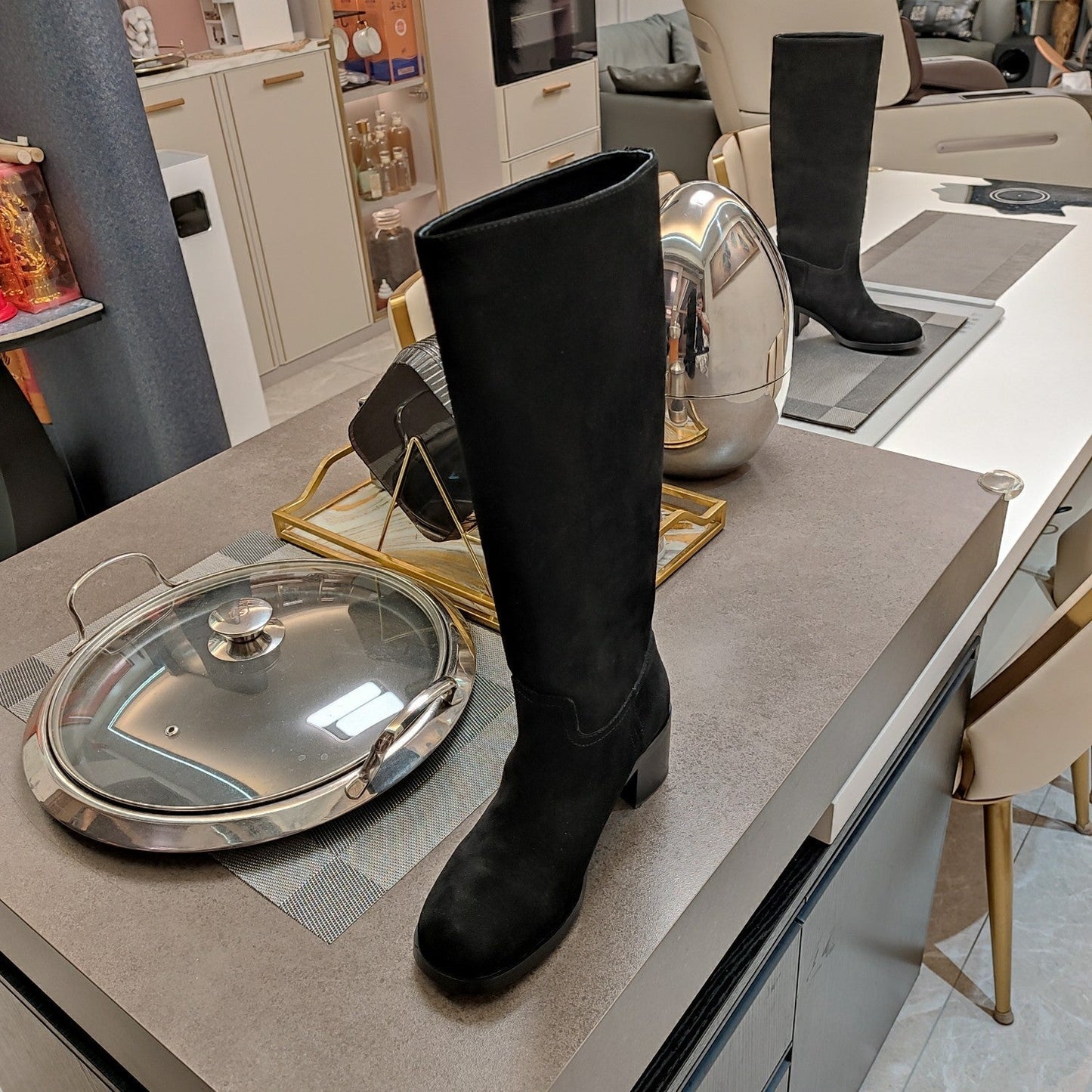 KNEE BOOTS WITH TRIANGLE LOGO IN BLACK SUEDE - 35