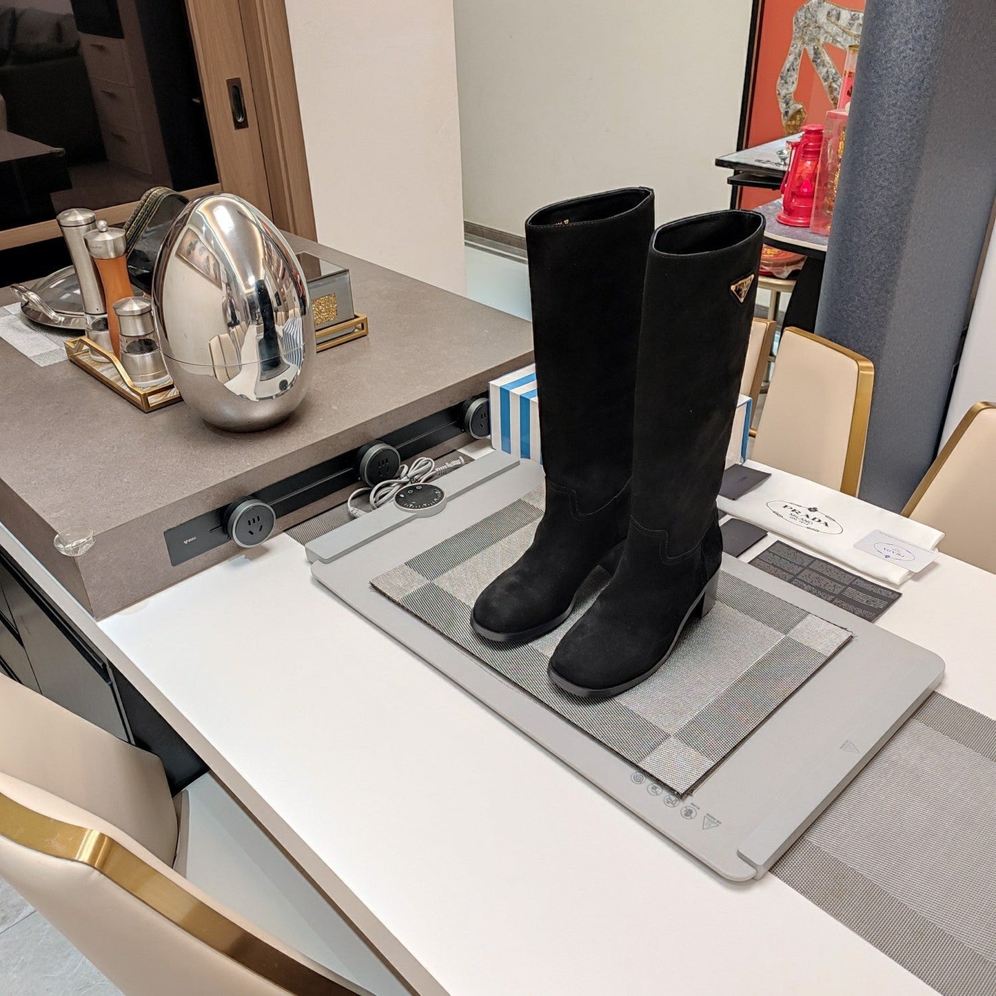 KNEE BOOTS WITH TRIANGLE LOGO IN BLACK SUEDE - 35
