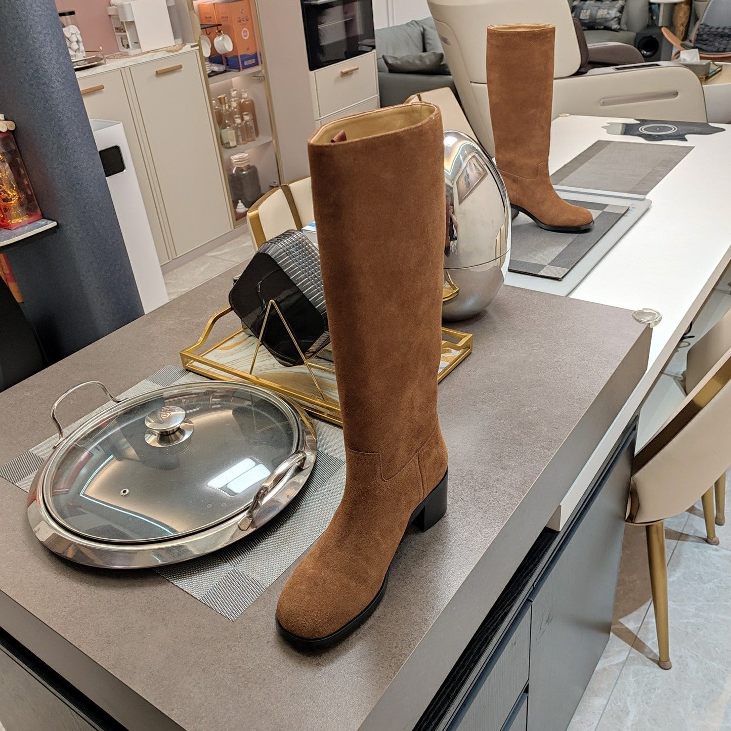 KNEE BOOTS WITH TRIANGLE LOGO IN CAMEL SUEDE - 35