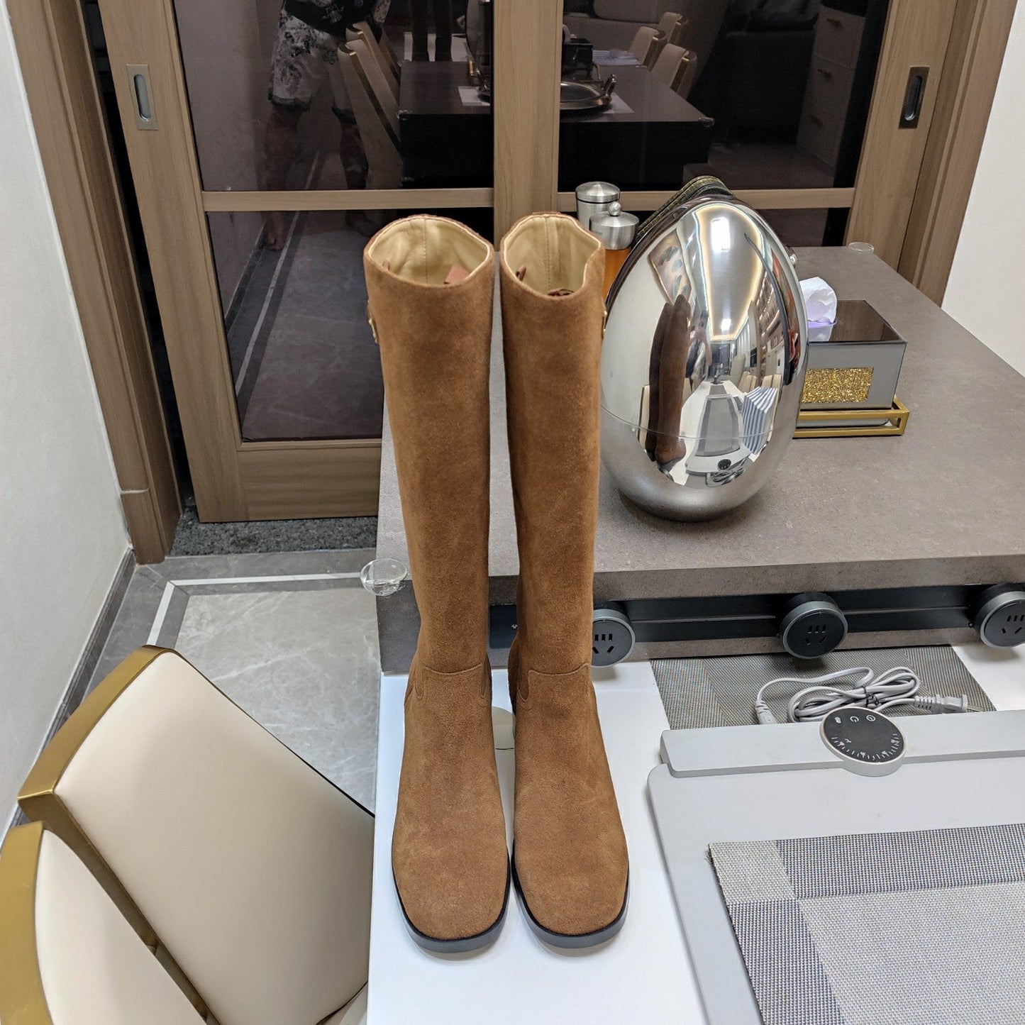 KNEE BOOTS WITH TRIANGLE LOGO IN CAMEL SUEDE - 35