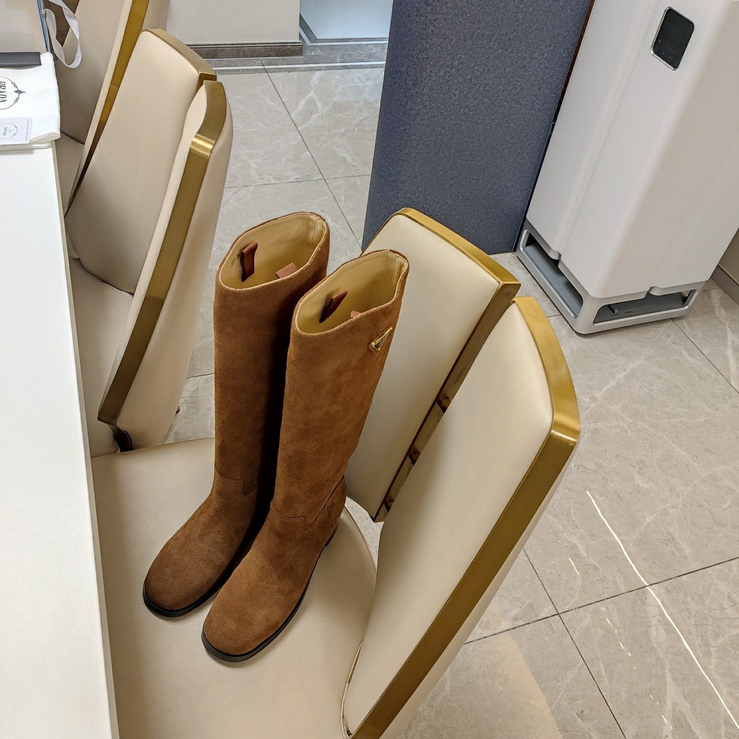 KNEE BOOTS WITH TRIANGLE LOGO IN CAMEL SUEDE - 35