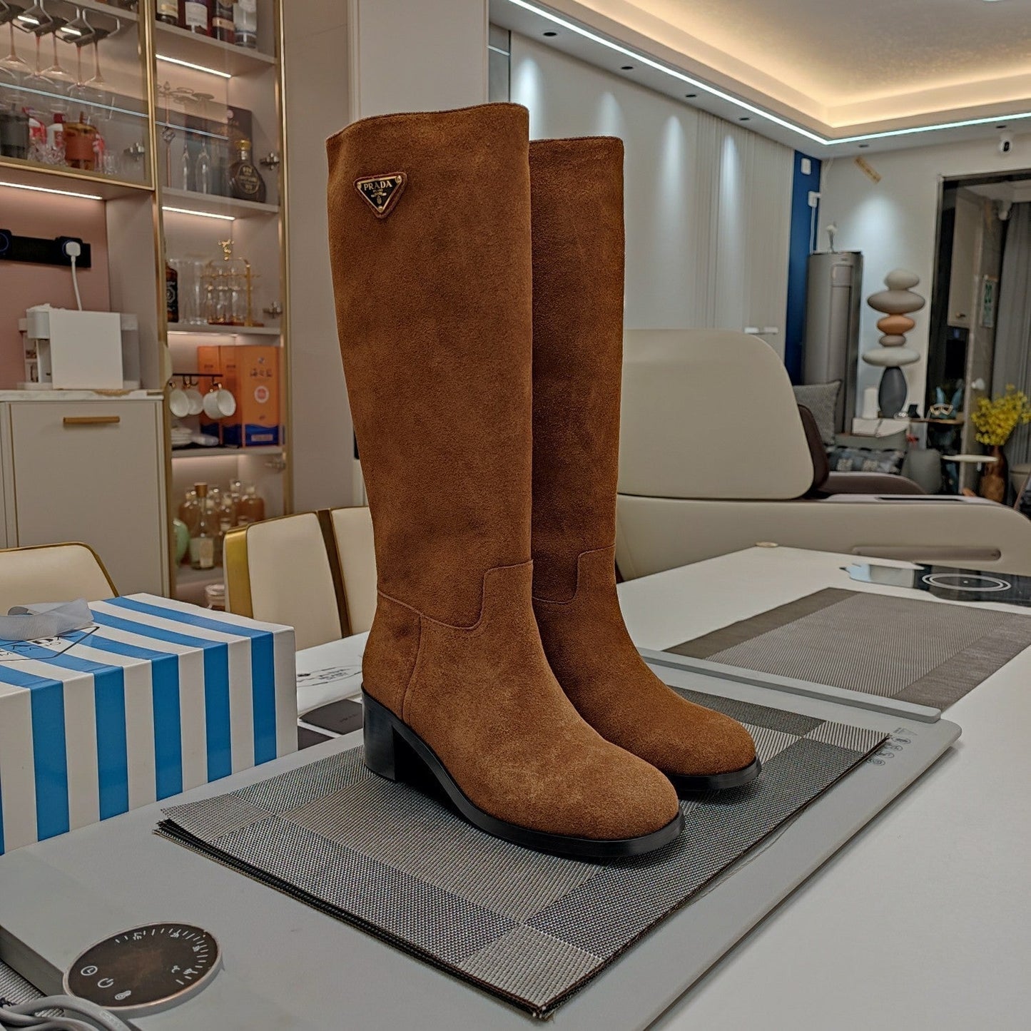 KNEE BOOTS WITH TRIANGLE LOGO IN CAMEL SUEDE - 35