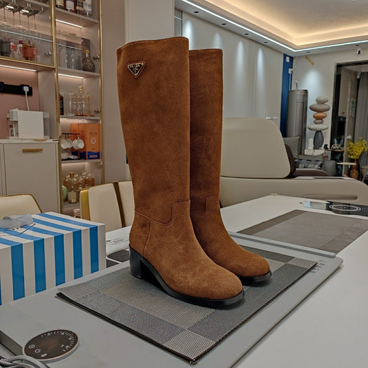 KNEE BOOTS WITH TRIANGLE LOGO IN CAMEL SUEDE - 35