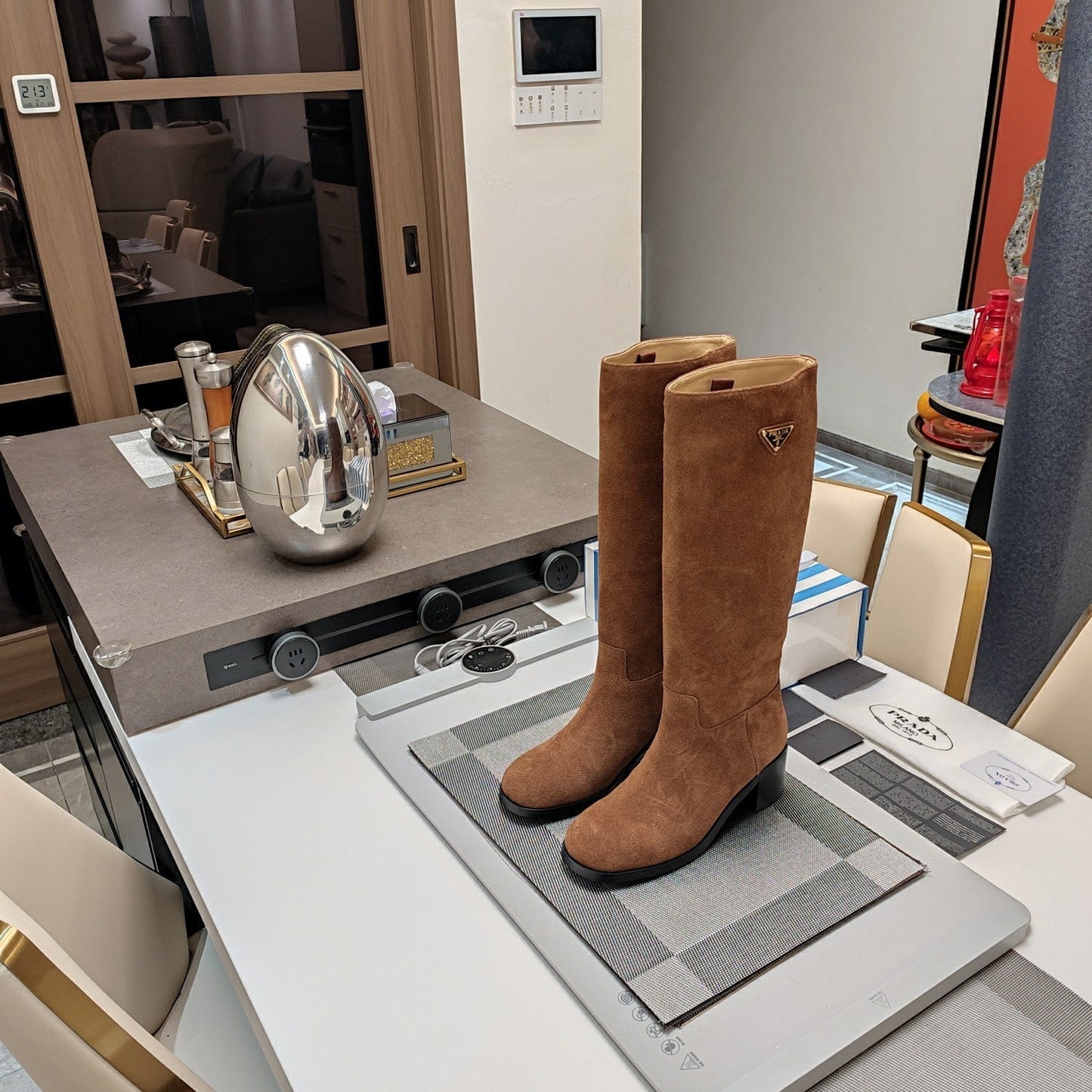 KNEE BOOTS WITH TRIANGLE LOGO IN CAMEL SUEDE - 35