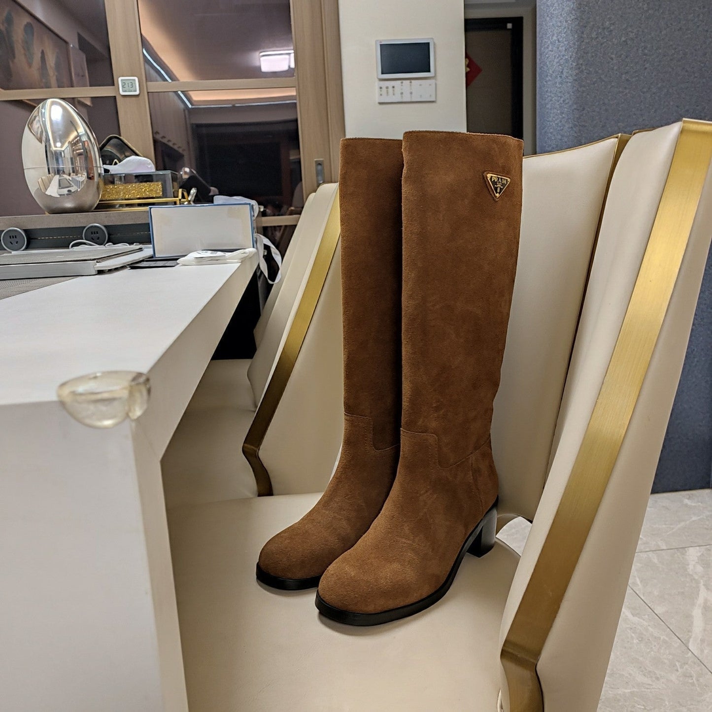 KNEE BOOTS WITH TRIANGLE LOGO IN CAMEL SUEDE - 35