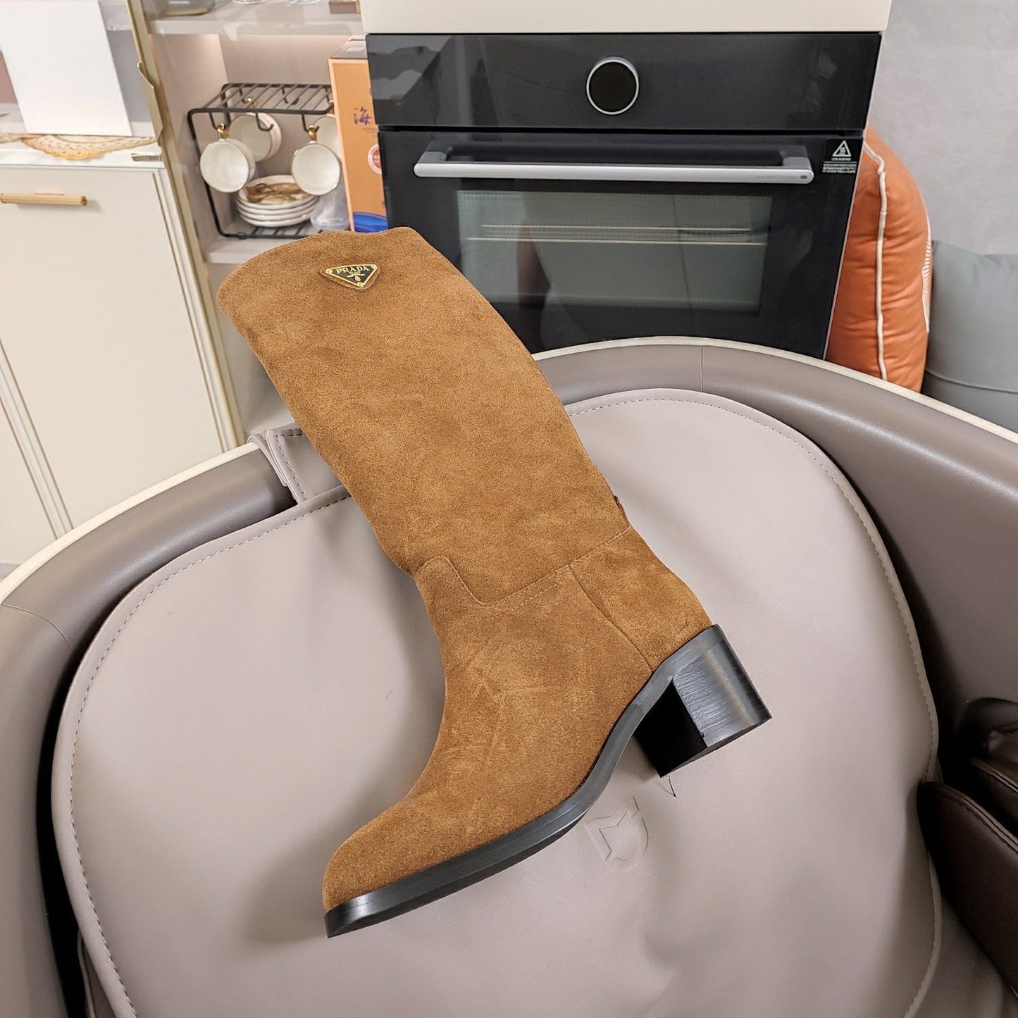KNEE BOOTS WITH TRIANGLE LOGO IN CAMEL SUEDE - 35