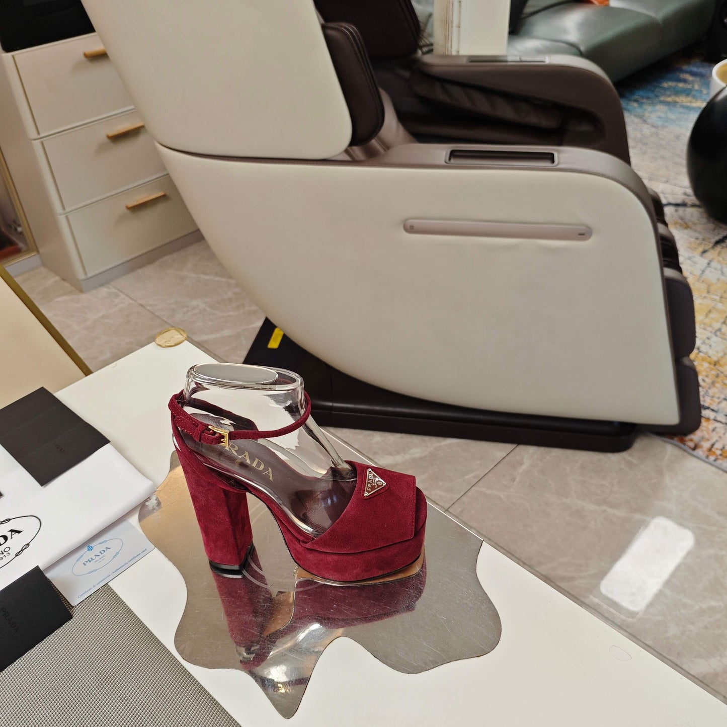 БОСОНІЖКИ PRADA 26S НА ПІДБОРАХ 135 ММ ІЗ ЗАМШІ КОЛЬОРУ БОРДО