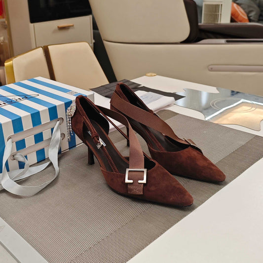 PRADA 26S ГОСТРОНОСІ ТУФЛІ НА ВИСОКИХ ПІДБОРАХ 70 ММ З ТЕМНО-КОРИЧНЕВОЇ ЗАМШІ