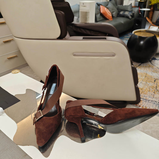 PRADA 26S ГОСТРОНОСІ ТУФЛІ НА ВИСОКИХ ПІДБОРАХ 70 ММ З ТЕМНО-КОРИЧНЕВОЇ ЗАМШІ