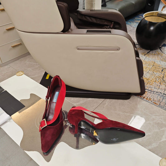 PRADA 26S ЗАГОСТРЕНІ ТУФЛІ НА ВИСОКИХ ПІДБОРАХ 70 ММ З ТЕМНО-ЧЕРВОНОЇ ЗАМШІ