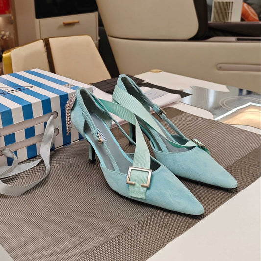 PRADA 26S ЗАГОСТРЕНІ ТУФЛІ НА ВИСОКИХ ПІДБОРАХ 70 ММ ІЗ ЗАМШІ КОЛЬОРУ ПИЛЬНОГО БЛАКИТНО-ЗЕЛЕНОГО
