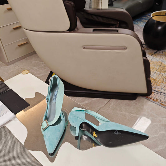 PRADA 26S ЗАГОСТРЕНІ ТУФЛІ НА ВИСОКИХ ПІДБОРАХ 70 ММ ІЗ ЗАМШІ КОЛЬОРУ ПИЛЬНОГО БЛАКИТНО-ЗЕЛЕНОГО