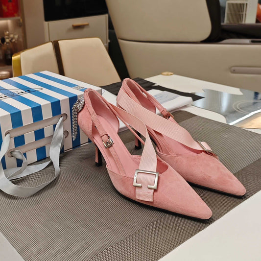 PRADA 26S ЗАГОСТРЕНІ ТУФЛІ НА ВИСОКИХ ПІДБОРАХ 70 ММ ЗІ СВІТЛО-РОЖЕВОЇ ЗАМШІ