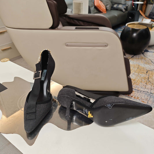 PRADA 26S ЗАГОСТРЕНІ ТУФЛІ НА ВИСОКИХ ПІДБОРАХ 70 ММ З ЧОРНОЇ ТКАНИНИ