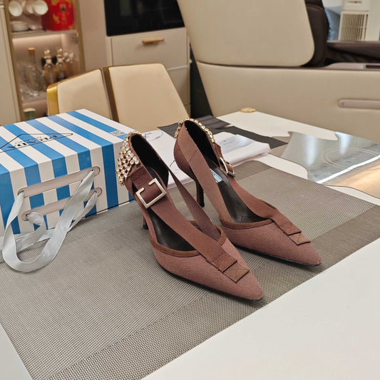 PRADA 26S ГОСТРОНОСІ ТУФЛІ НА ВИСОКИХ ПІДБОРАХ 70 ММ З ТКАНИНИ КОЛЬОРУ "ТРОЯНДОВИЙ КОРИЧНЕВИЙ"