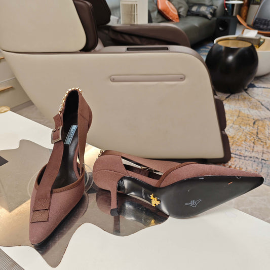 PRADA 26S ГОСТРОНОСІ ТУФЛІ НА ВИСОКИХ ПІДБОРАХ 70 ММ З ТКАНИНИ КОЛЬОРУ "ТРОЯНДОВИЙ КОРИЧНЕВИЙ"