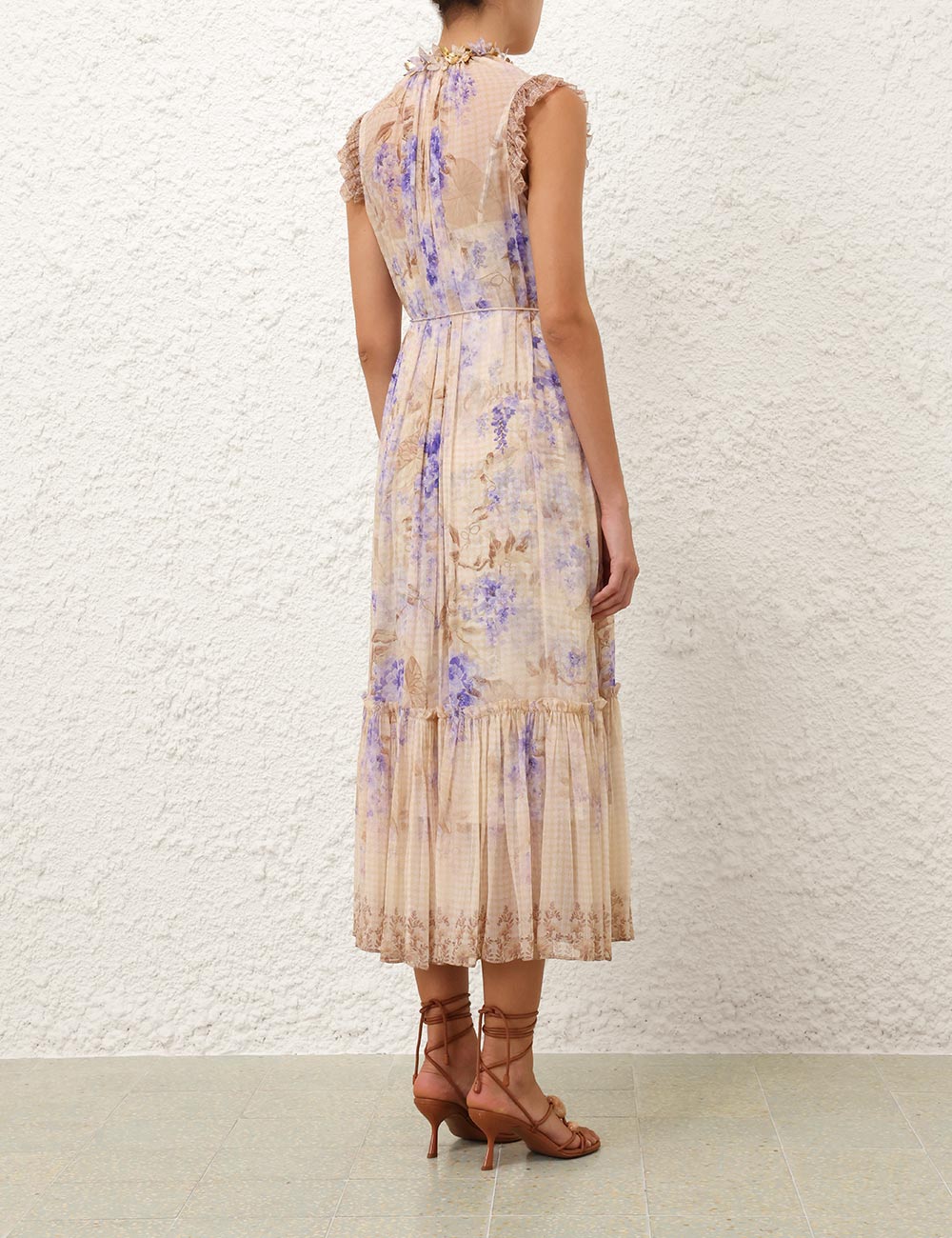 ZIMMER PLEATED V-NECK SLEEVELESS DRESS IN BEIGE MIX PURPLE