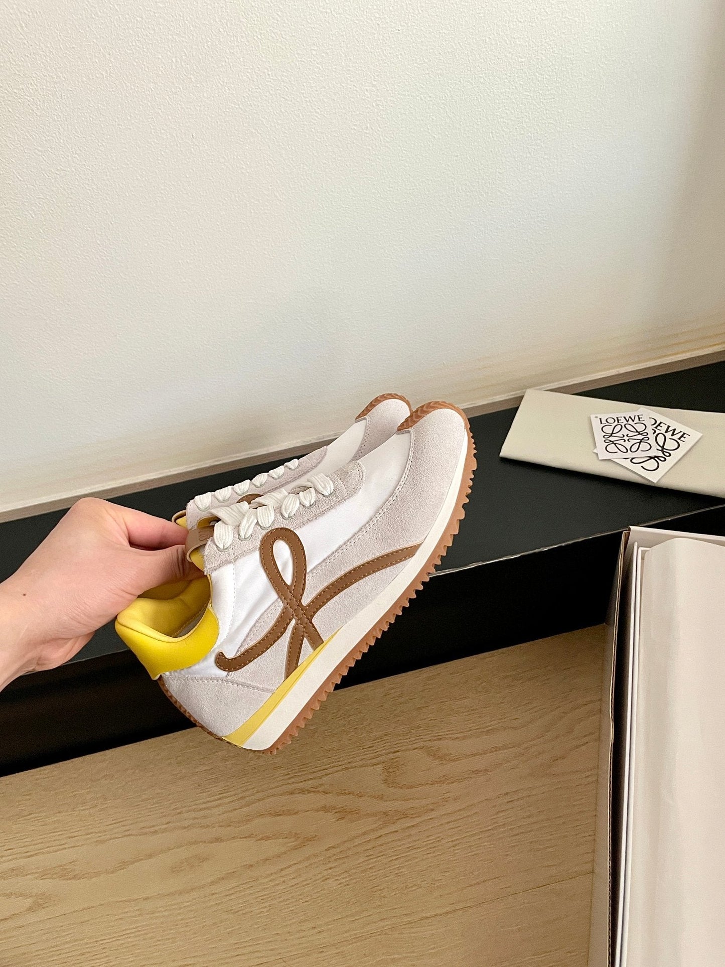 LOEWE 26S FLOW RUNNER SNEAKER IN LIGHT GRAY SUEDE AND YELLOW SHEEPSKIN