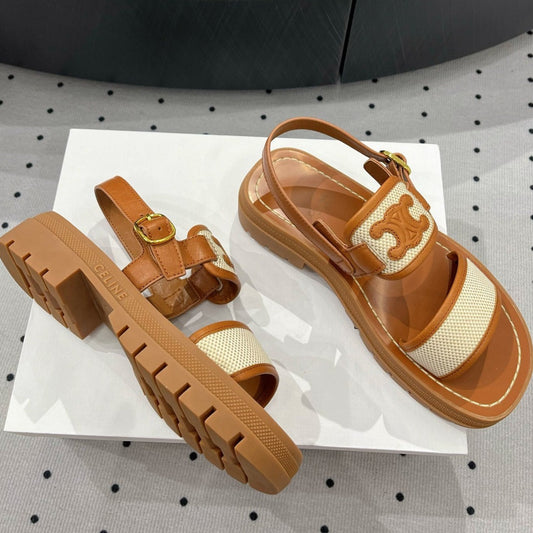 SANDALS FLAT SHOES WHITE CARAMEL BROWN - 35