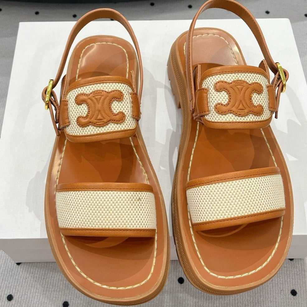 SANDALS FLAT SHOES WHITE CARAMEL BROWN - 35