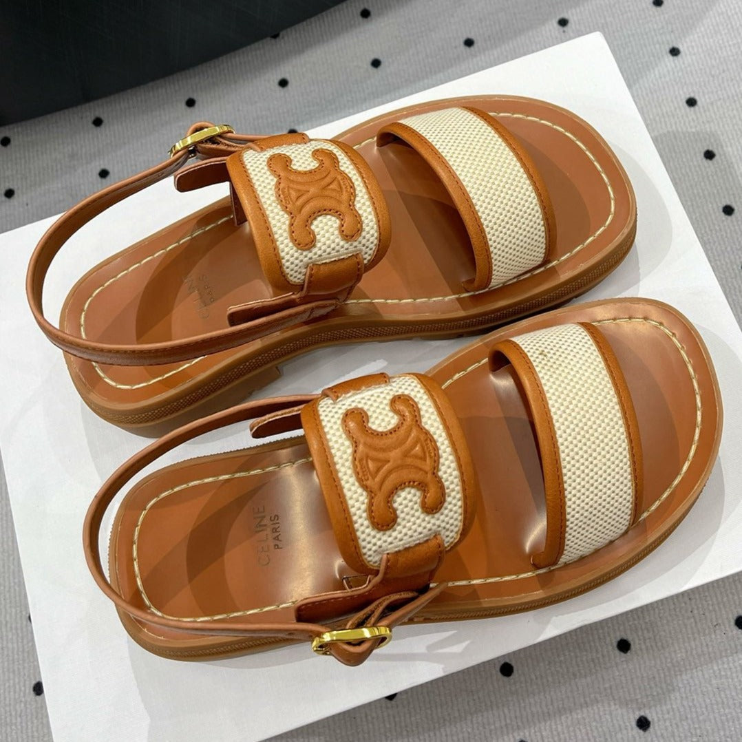SANDALS FLAT SHOES WHITE CARAMEL BROWN - 35