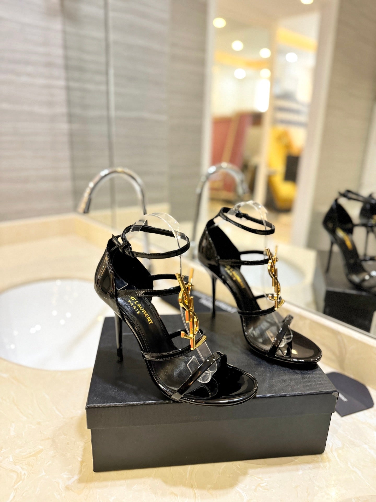 SL CASSANDRA HEELED SANDALS BLACK-GOLD CALFSKIN - 34