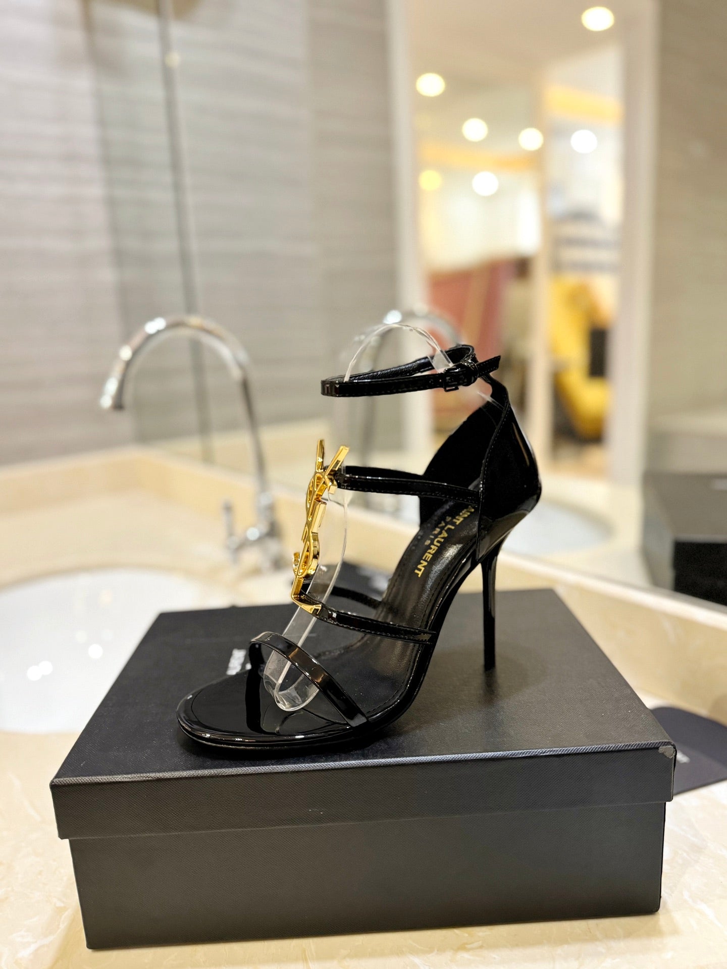 SL CASSANDRA HEELED SANDALS BLACK-GOLD CALFSKIN - 34