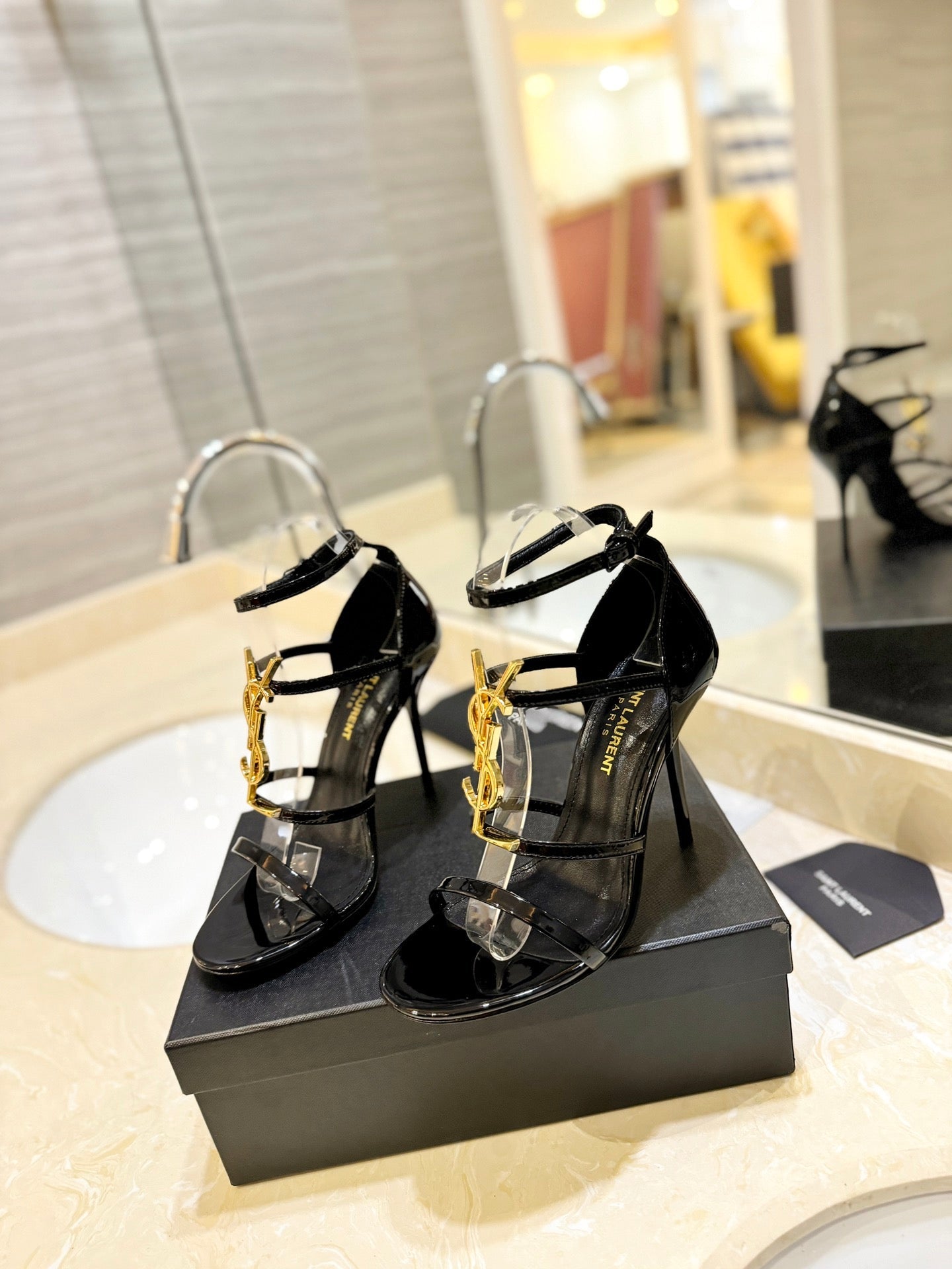 SL CASSANDRA HEELED SANDALS BLACK-GOLD CALFSKIN - 34