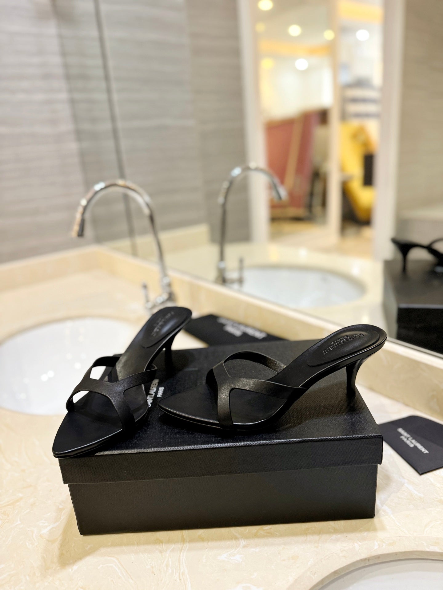 SL OPEN-TOES HIGH HEELS SLIPPER BLACK CALFSKIN - 35
