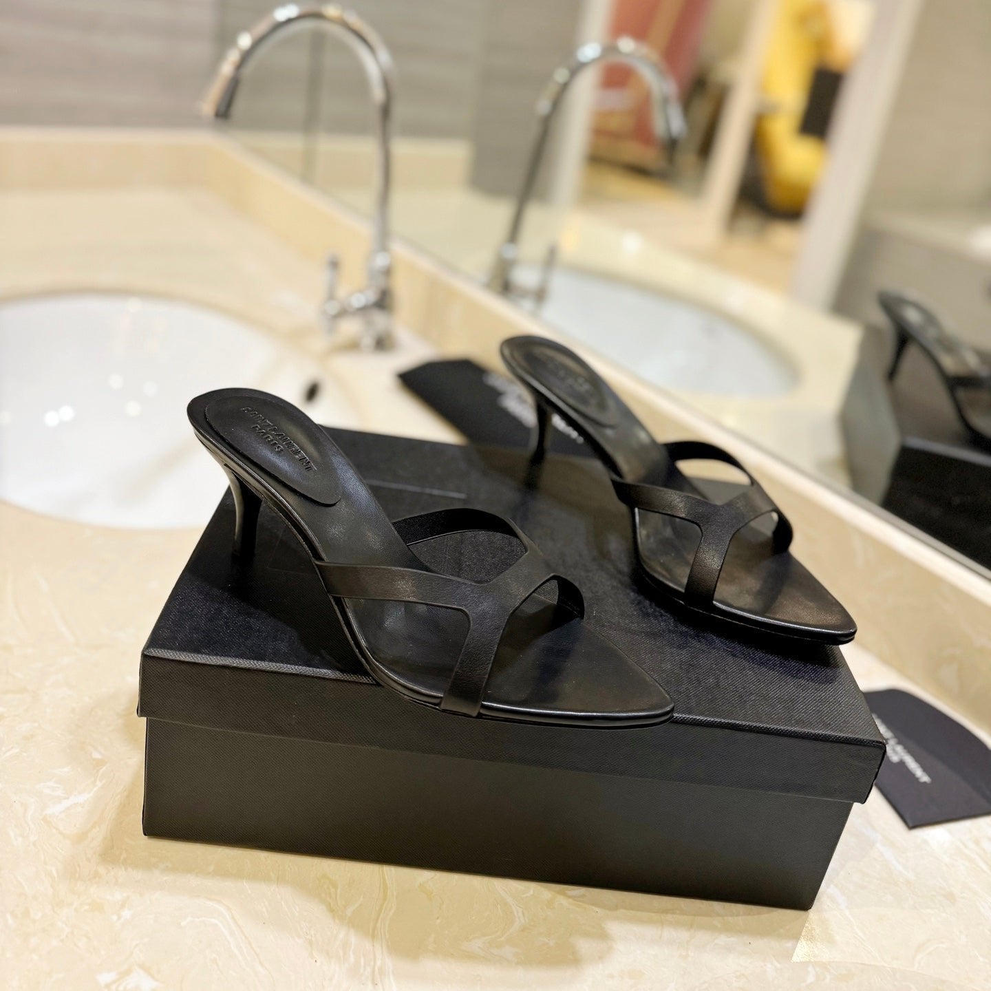 SL OPEN-TOES HIGH HEELS SLIPPER BLACK CALFSKIN - 35