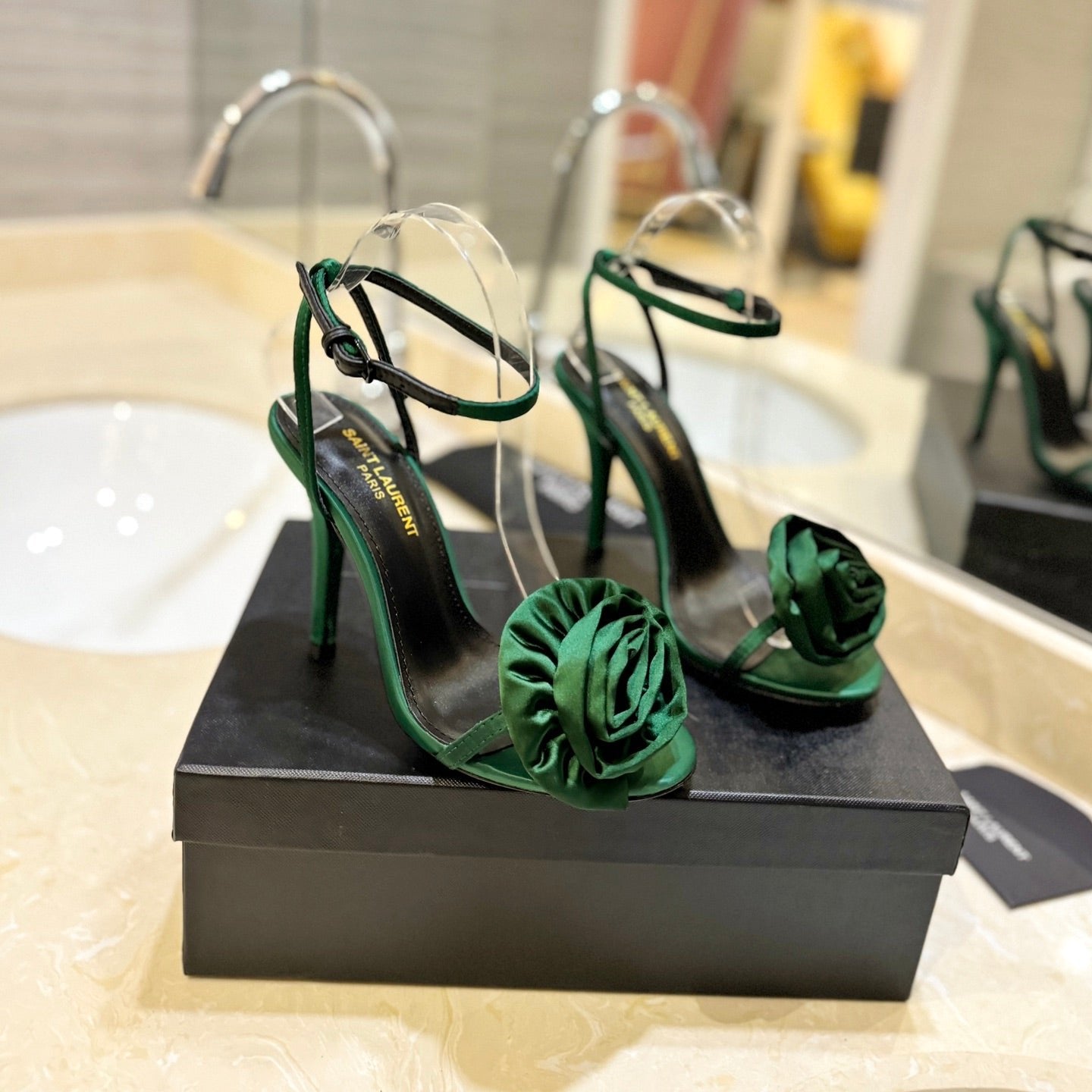 SL IVY FLORAL HEEL SANDALS DARK GREEN SATIN - 34