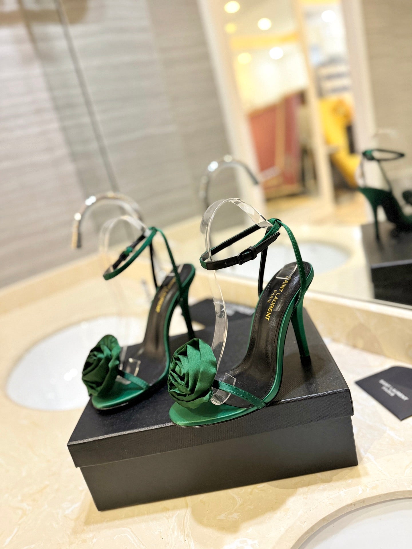 SL IVY FLORAL HEEL SANDALS DARK GREEN SATIN - 34