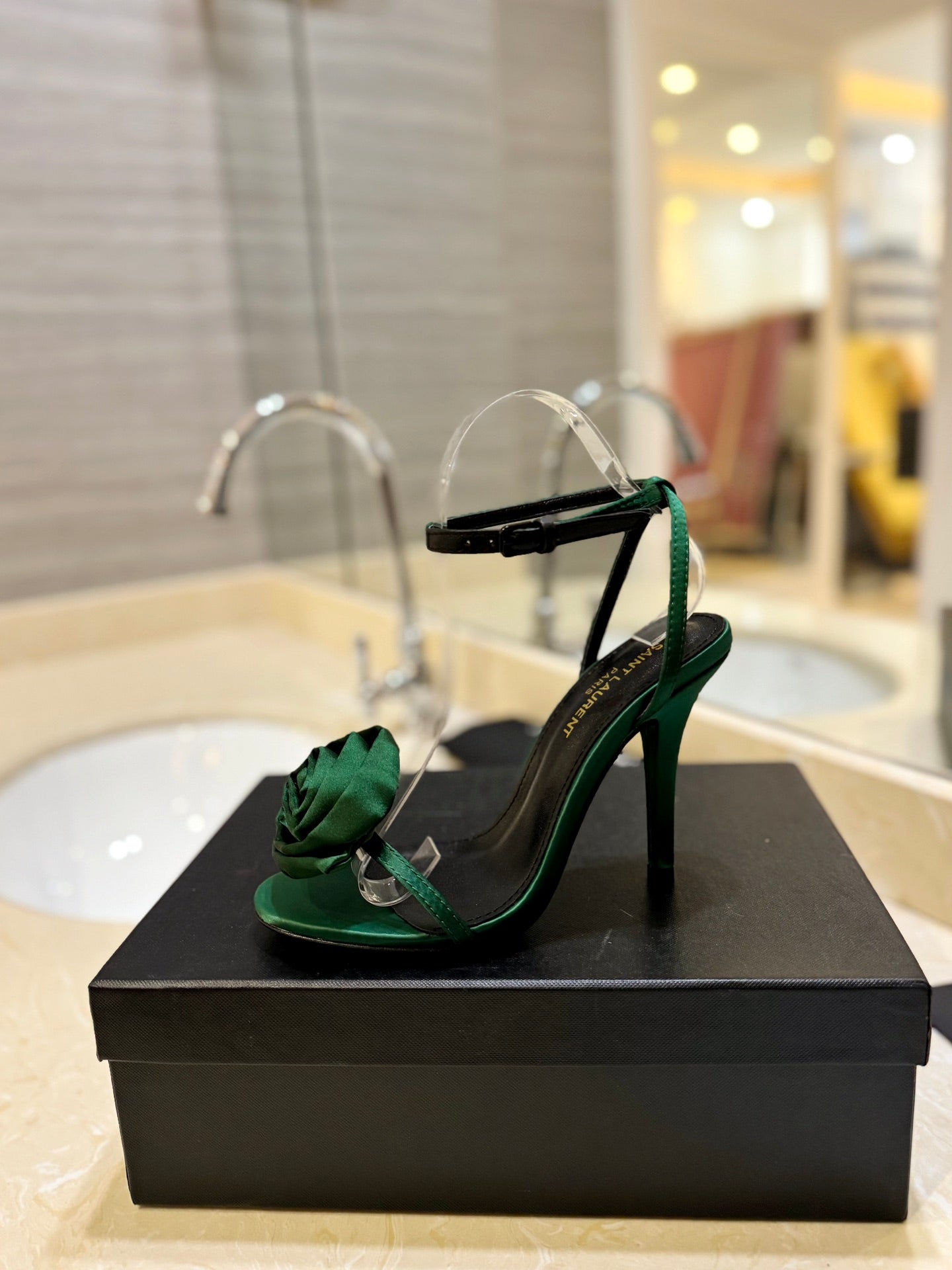 SL IVY FLORAL HEEL SANDALS DARK GREEN SATIN - 34