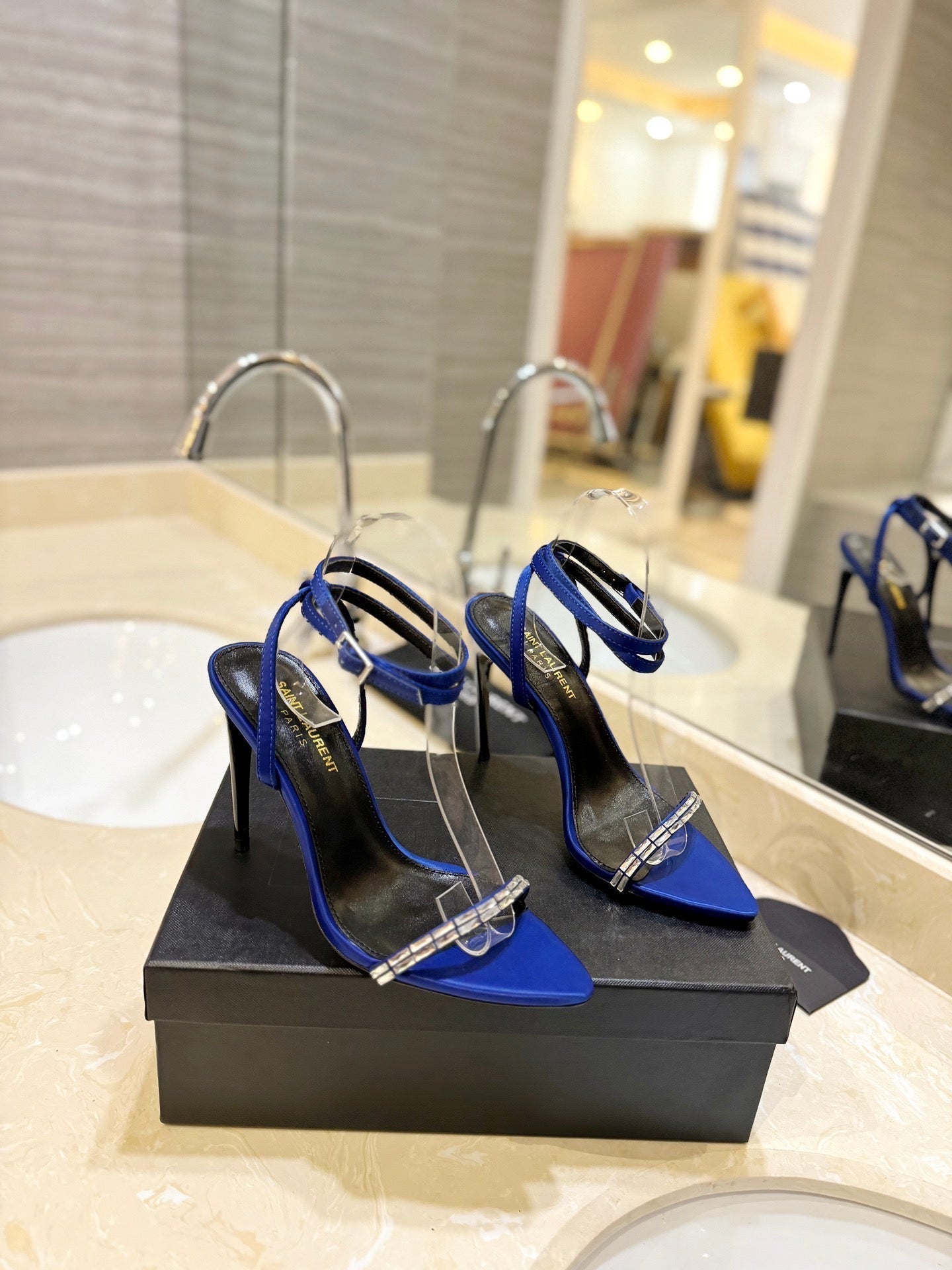 SL RHINESTONE HEELED SANDALS COBALT SATIN - 35