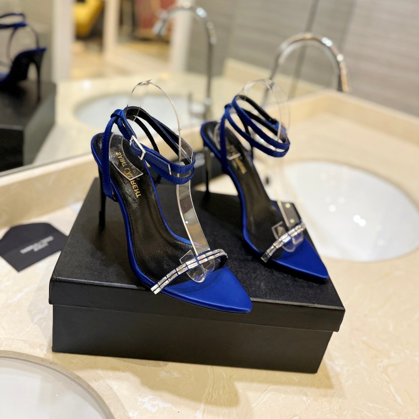 SL RHINESTONE HEELED SANDALS COBALT SATIN - 35