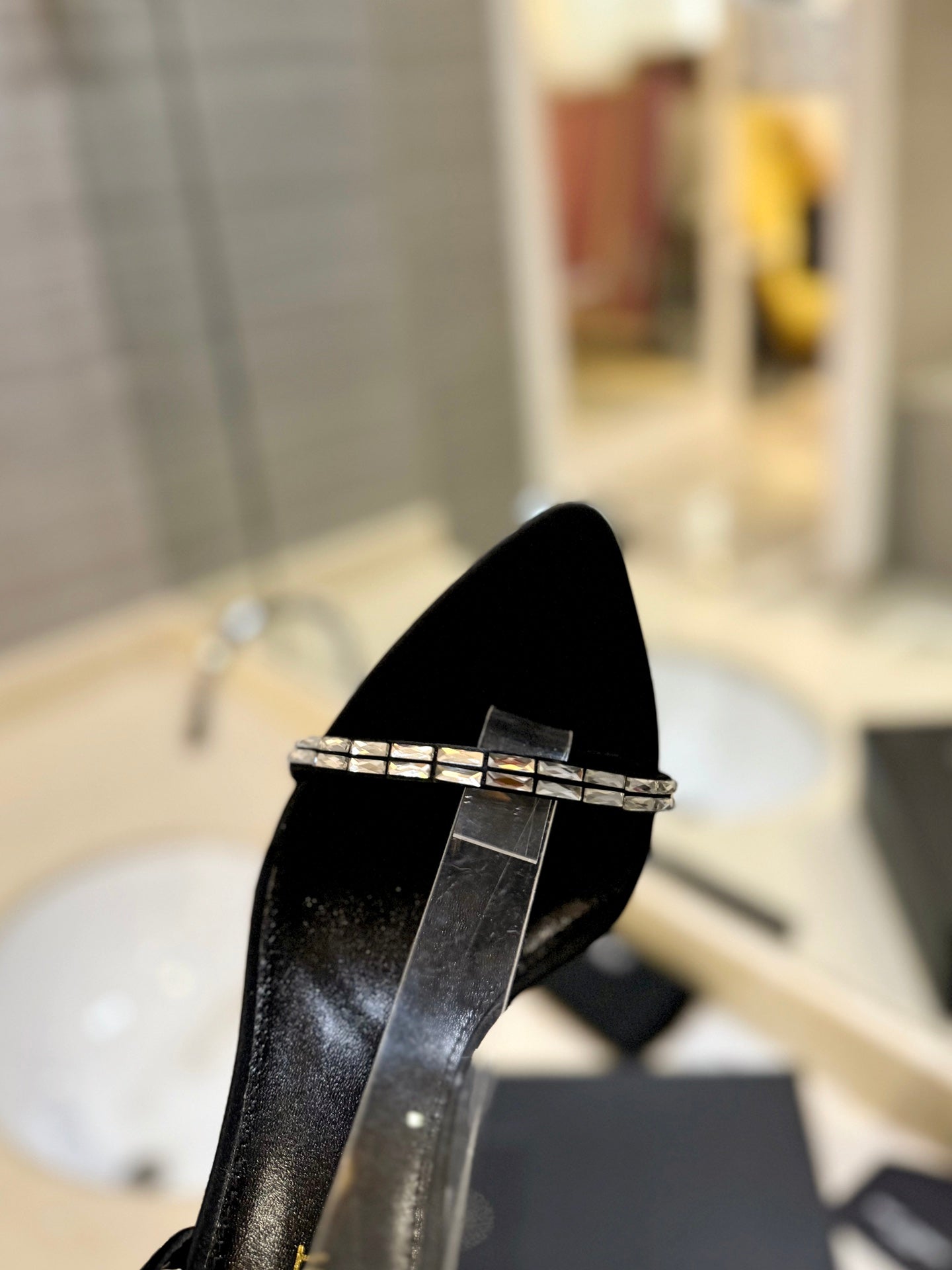SL RHINESTONE HEELED SANDALS BLACK SATIN - 35