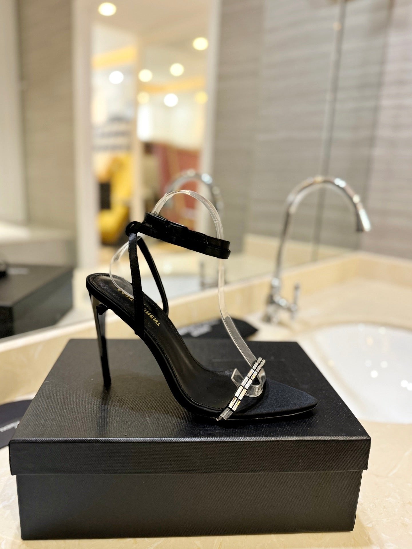 SL RHINESTONE HEELED SANDALS BLACK SATIN - 35