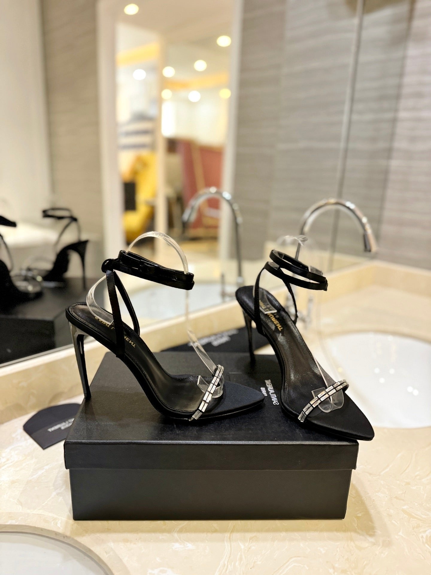 SL RHINESTONE HEELED SANDALS BLACK SATIN - 35