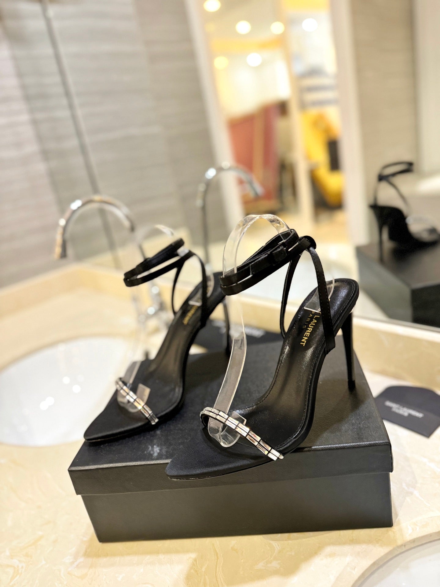 SL RHINESTONE HEELED SANDALS BLACK SATIN - 35